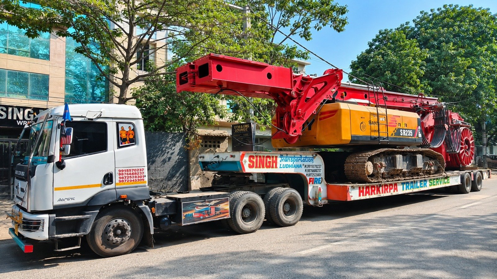 Heavy piling rig transported on trailer